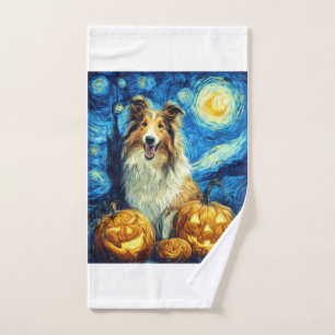 Cute Rough Collie Dog Halloween Jack O Lantern Pum Hand Towel