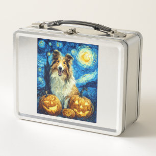 Cute Rough Collie Dog Halloween Jack O Lantern Pum Metal Lunch Box