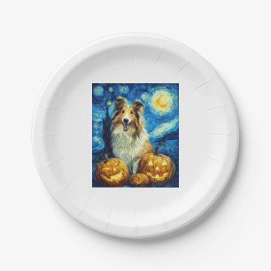 Cute Rough Collie Dog Halloween Jack O Lantern Pum Paper Plate