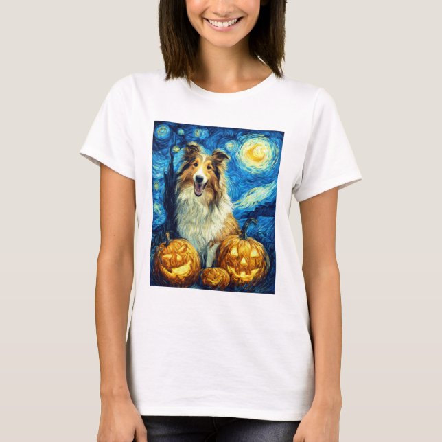 Cute Rough Collie Dog Halloween Jack O Lantern Pum T-Shirt (Front)