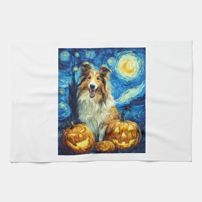 Cute Rough Collie Dog Halloween Jack O Lantern Pum Tea Towel (Horizontal)