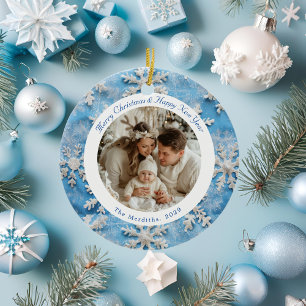 Cute Round Blue Snowflake Christmas Photo Ceramic Ornament