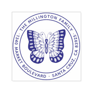 Cute Round Butterfly Family Name Return Address Self-inking Stamp