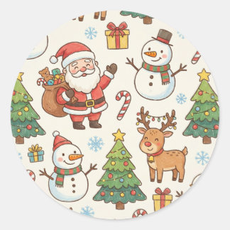 Cute Round Christmas Sticker - Santa, Snowman, Rei