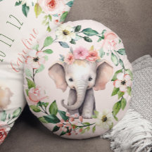 Cute Round Floral Wreath Elephant Pillow