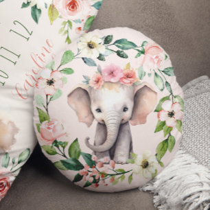 Cute Round Floral Wreath Elephant Pillow