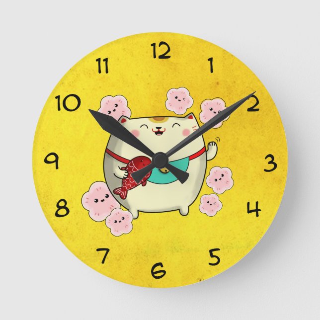 Cute Round Maneki Neko Cat Round Clock (Front)