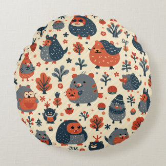 Cute round pillow with hedgehog and small animals