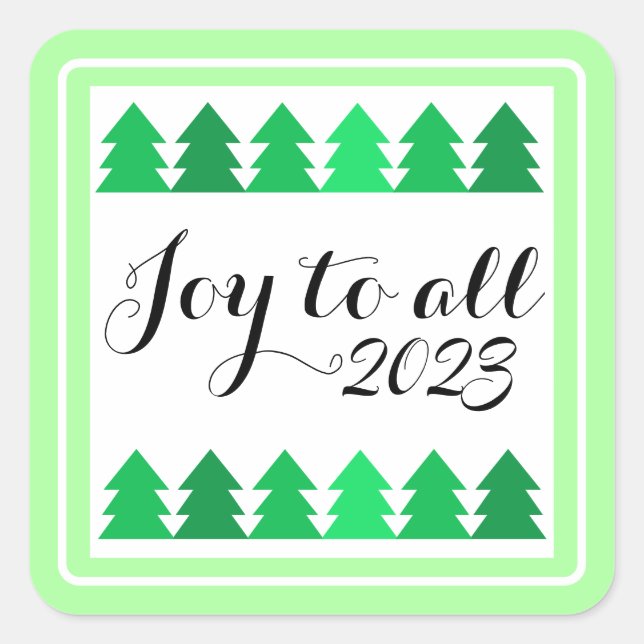 Cute Rows of Green Christmas Trees Joy Custom Year Square Sticker (Front)