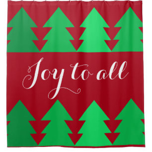 Cute Rows of Green Christmas Trees Joy Red Shower Curtain