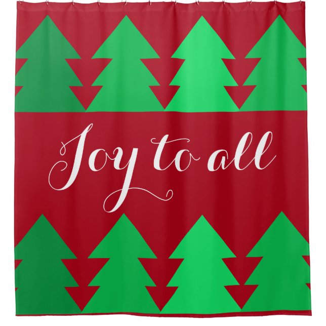 Cute Rows of Green Christmas Trees Joy Red Shower Curtain (Front)