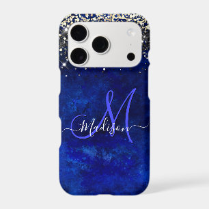 Cute royal blue gold faux glitter monogram
