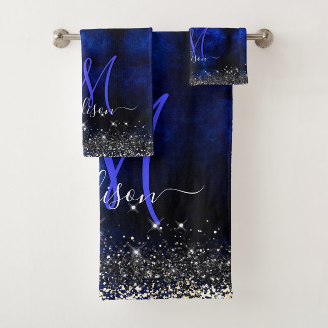 Cute royal blue gold faux glitter monogram bath towel set (Insitu)