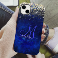 Cute royal blue gold faux glitter monogram