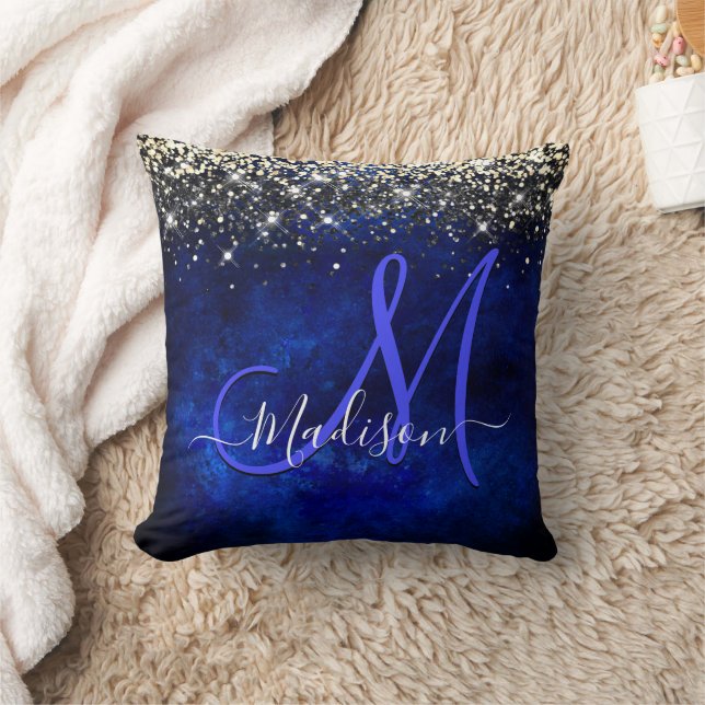 Cute royal blue gold faux glitter monogram cushion (Blanket)
