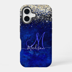 Cute royal blue gold faux glitter monogram iPhone 16 case