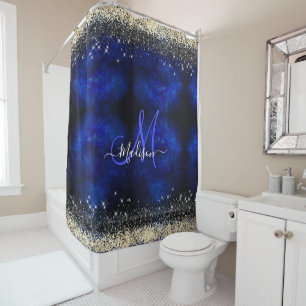 Cute royal blue gold faux glitter monogram shower curtain