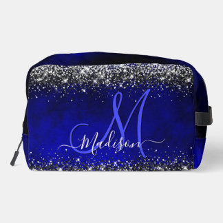 Cute royal blue silver faux glitter monogram acces dopp kit