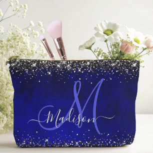Cute royal blue silver faux glitter monogram accessory pouch