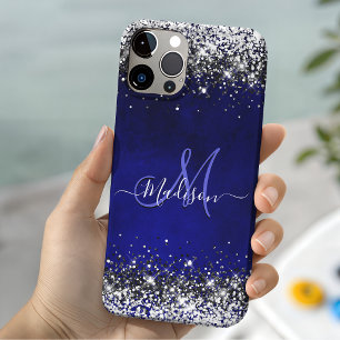 Cute royal blue silver faux glitter monogram Case- iPhone 16 Pro Case