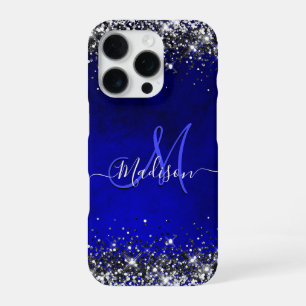 Cute royal blue silver faux glitter monogram Case- iPhone 16 Pro Case