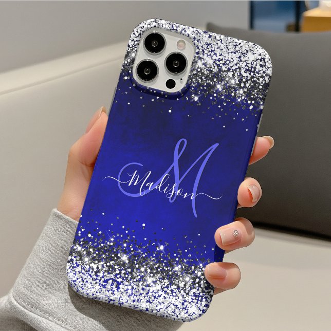 Cute royal blue silver faux glitter monogram Case-Mate iPhone case (Creator Uploaded)