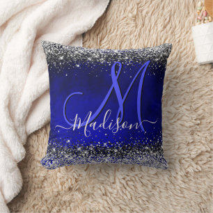 Cute royal blue silver faux glitter monogram cushion