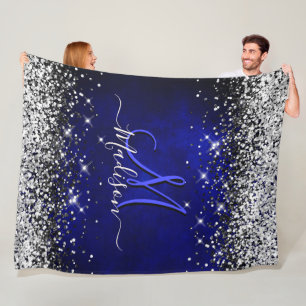 Cute royal blue silver faux glitter monogram fleece blanket