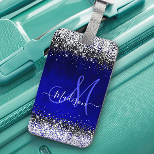 Cute royal blue silver faux glitter monogram luggage tag