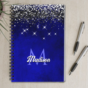 Cute royal blue silver faux glitter monogram notebook