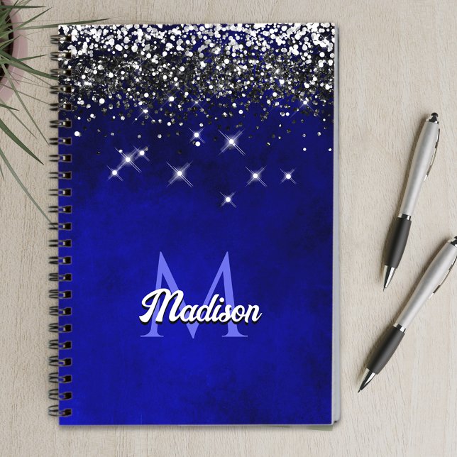 Cute royal blue silver faux glitter monogram notebook (Creator Uploaded)