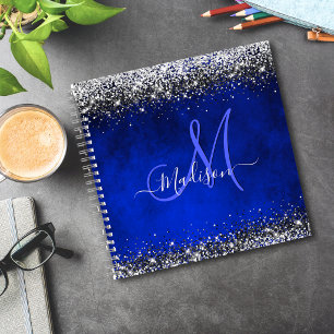 Cute royal blue silver faux glitter monogram notebook