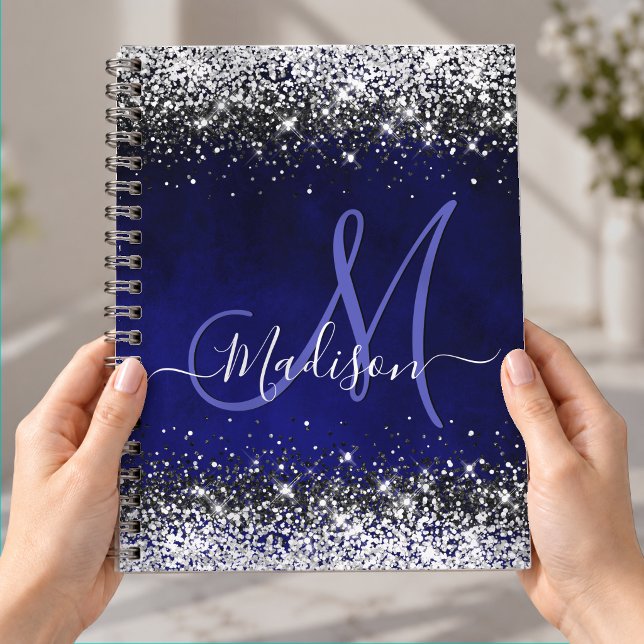 Cute royal blue silver faux glitter monogram notebook (Creator Uploaded)