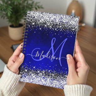 Cute royal blue silver faux glitter monogram planner