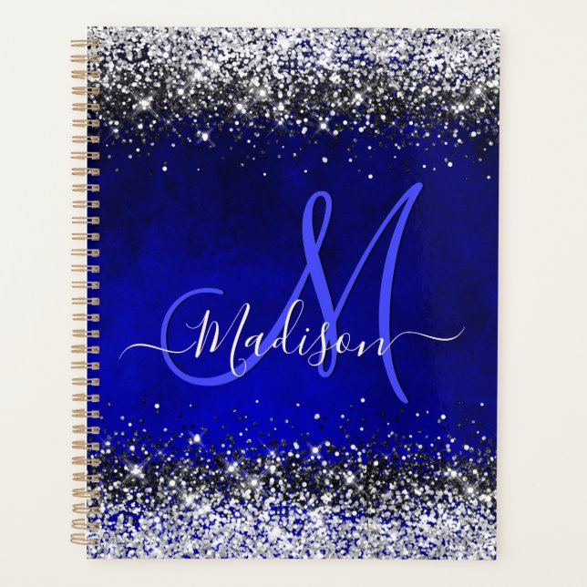 Cute royal blue silver faux glitter monogram planner (Front)