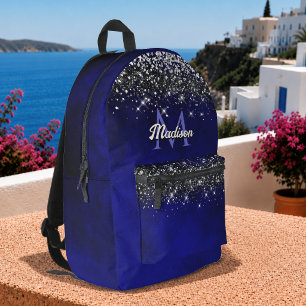 Cute royal blue silver faux glitter monogram printed backpack