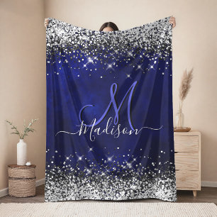 Cute royal blue silver faux glitter monogram sherpa blanket
