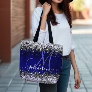 Cute royal blue silver faux glitter monogram tote bag