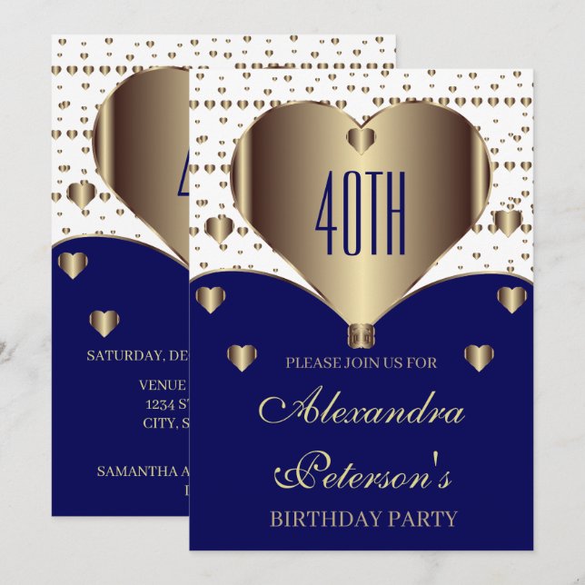 Cute Royal Blue White And Golden Hearts Birthday Invitation (Front/Back)