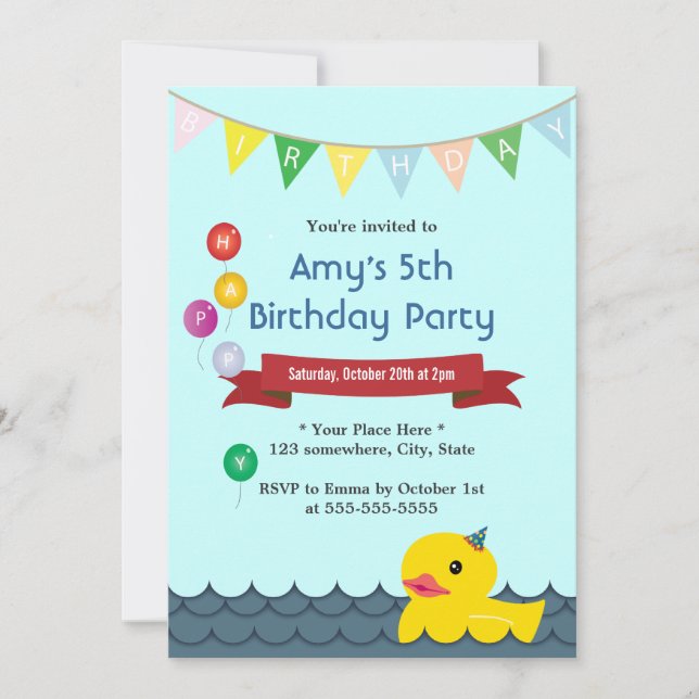 Cute Rubber Duck Baby Blue Birthday Invitations (Front)