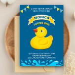 Cute Rubber Duck Kids Birthday Party Invitation<br><div class="desc">Invite your guests with this cute birthday party invitation featuring an adorable rubber duck with vibrant elements against a blue background. Simply add your event details on this easy-to-use template to make it a one-of-a-kind invitation. Flip the card over to reveal a yellow and white stripes pattern on the back...</div>