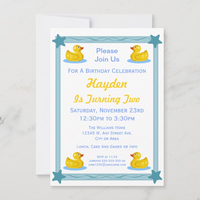 Cute Rubber Duck Stars Kids Birthday Party Invitation (Front)