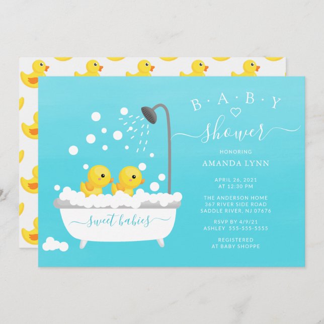 Cute Rubber Duck Twins Baby Shower Invitation (Front/Back)