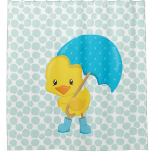 Cute Rubber Ducky on Blue Dots Shower Curtain