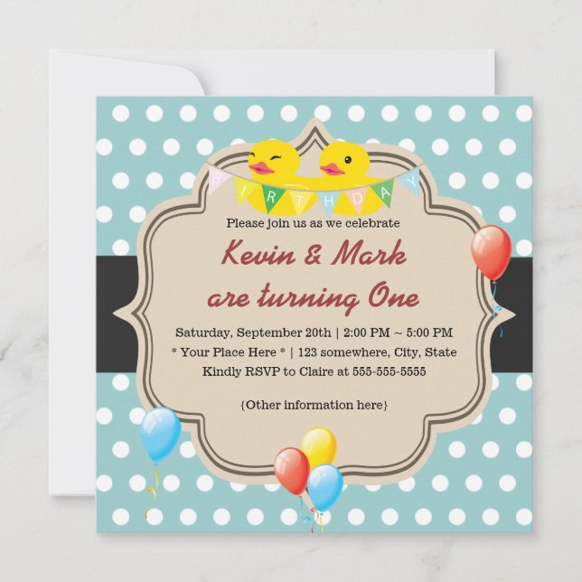 Cute Rubber Ducky Twins Polka Dots Birthday Invitation (Front)