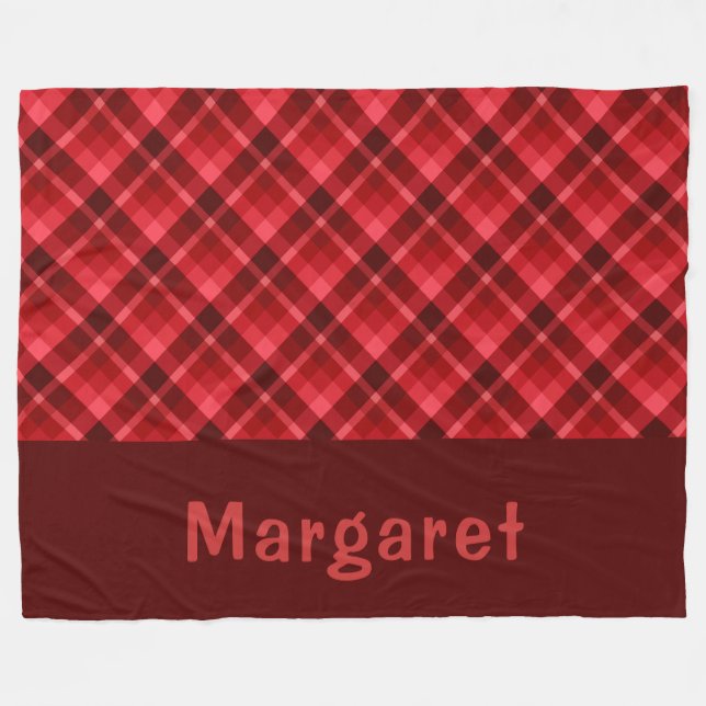 Cute Ruby Red Plaid Monogram Large Fleece Blanket (Front (Horizontal))
