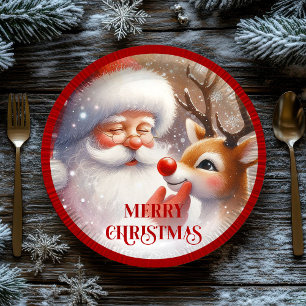 Cute Rudolph and Santa Kids Holiday Paper Plates