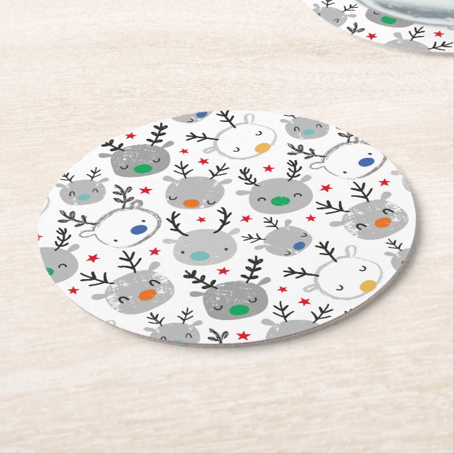 Cute Rudolph heads with little stars Round Paper Coaster (Angled)