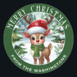 Cute Rudolph in Santa Hat, Personalised Christmas  Classic Round Sticker<br><div class="desc">Cute,  traditional Rudolph the Red Nose Reindeer illustration,  personalised Christmas sticker. Great to use for Christmas mailings,  gift wrapping,  treat bags and more!</div>