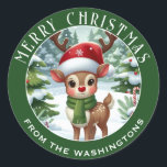 Cute Rudolph in Santa Hat, Personalised Christmas  Classic Round Sticker<br><div class="desc">Cute,  traditional Rudolph the Red Nose Reindeer illustration,  personalised Christmas sticker. Great to use for Christmas mailings,  gift wrapping,  treat bags and more!</div>